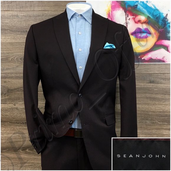 Sean John Mens Suit Two Piece Set Size 44L Jacket Blazer Pants Casual Peak Lapel - Picture 1 of 16